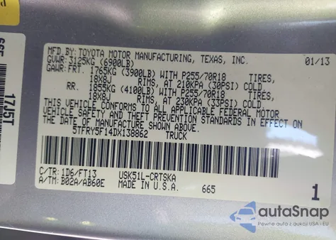 2013 Toyota Tundra Grade 5.7L V8 из США, поврежденный, VIN 5TFRY5F14DX138862